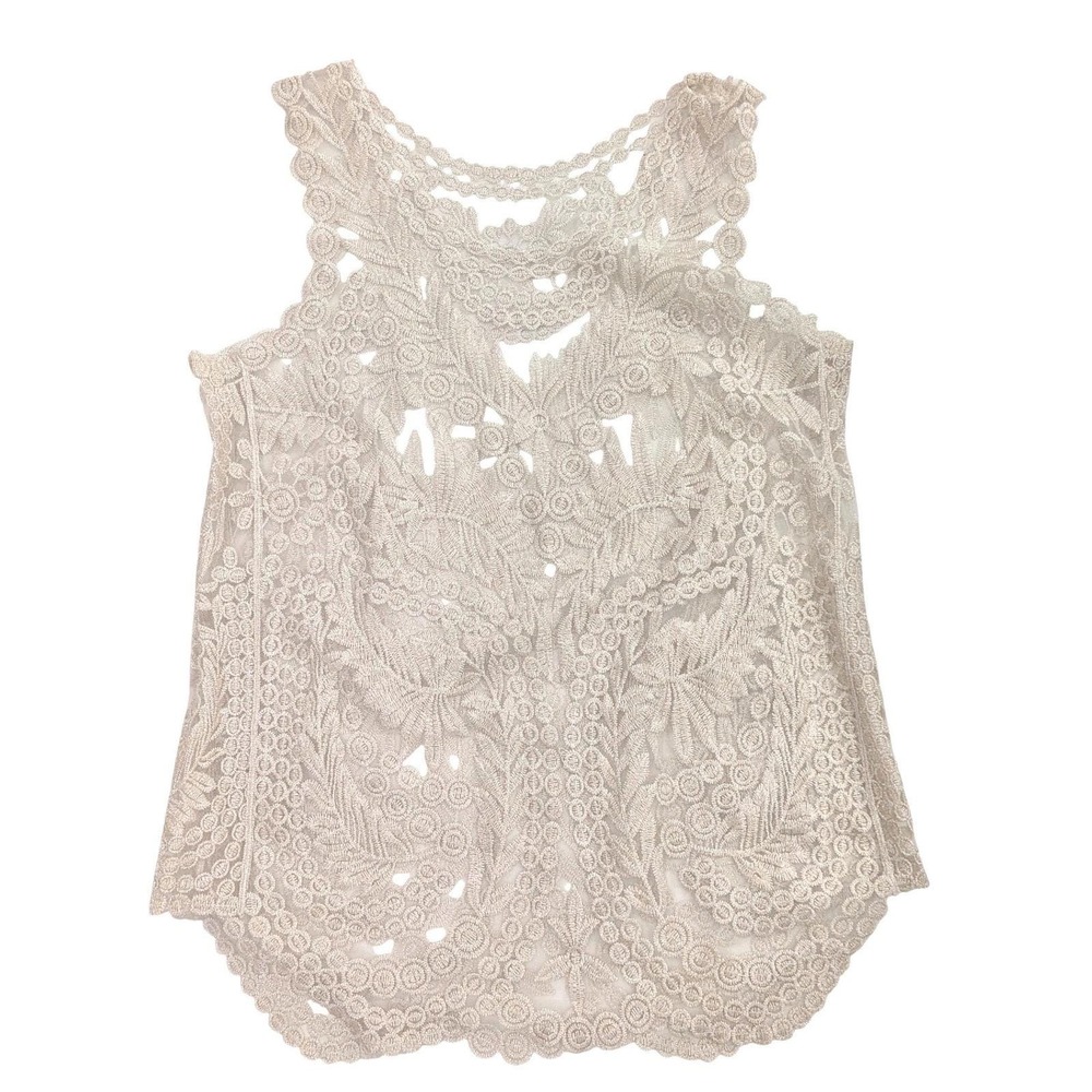 Floral Lace Tank Top Beige Boho Scalloped Sleeveless Semi-Sheer Blouse Cottage S